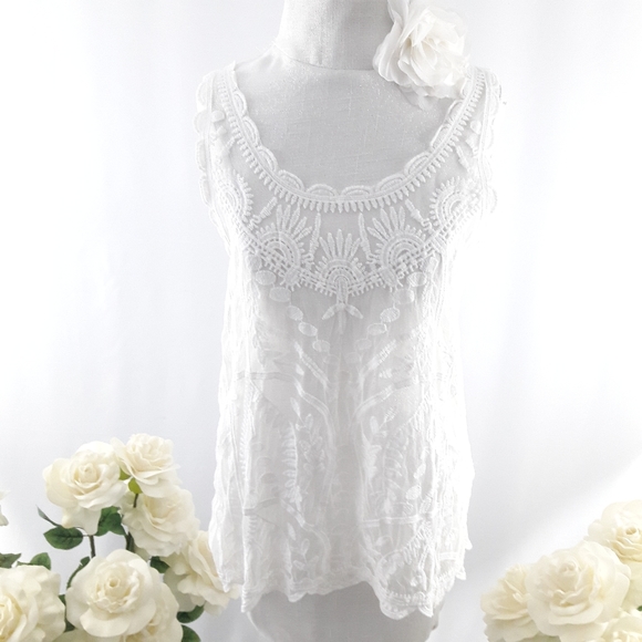 Capri Tops - Capri Cream Embroidered Lace Tank Top